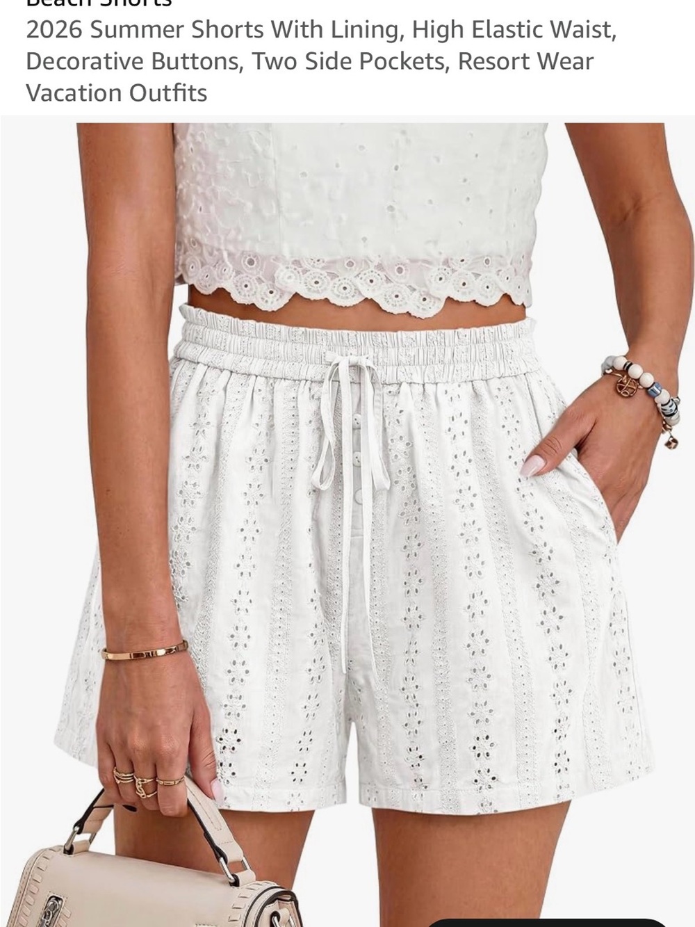 High-Waist White Eyelet Shorts with Elastic Drawstring